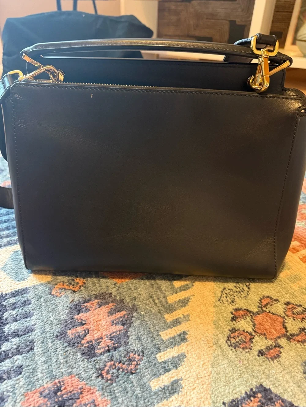Auth Fendi Dotcom Black Leather Studded Top-Handle Bag